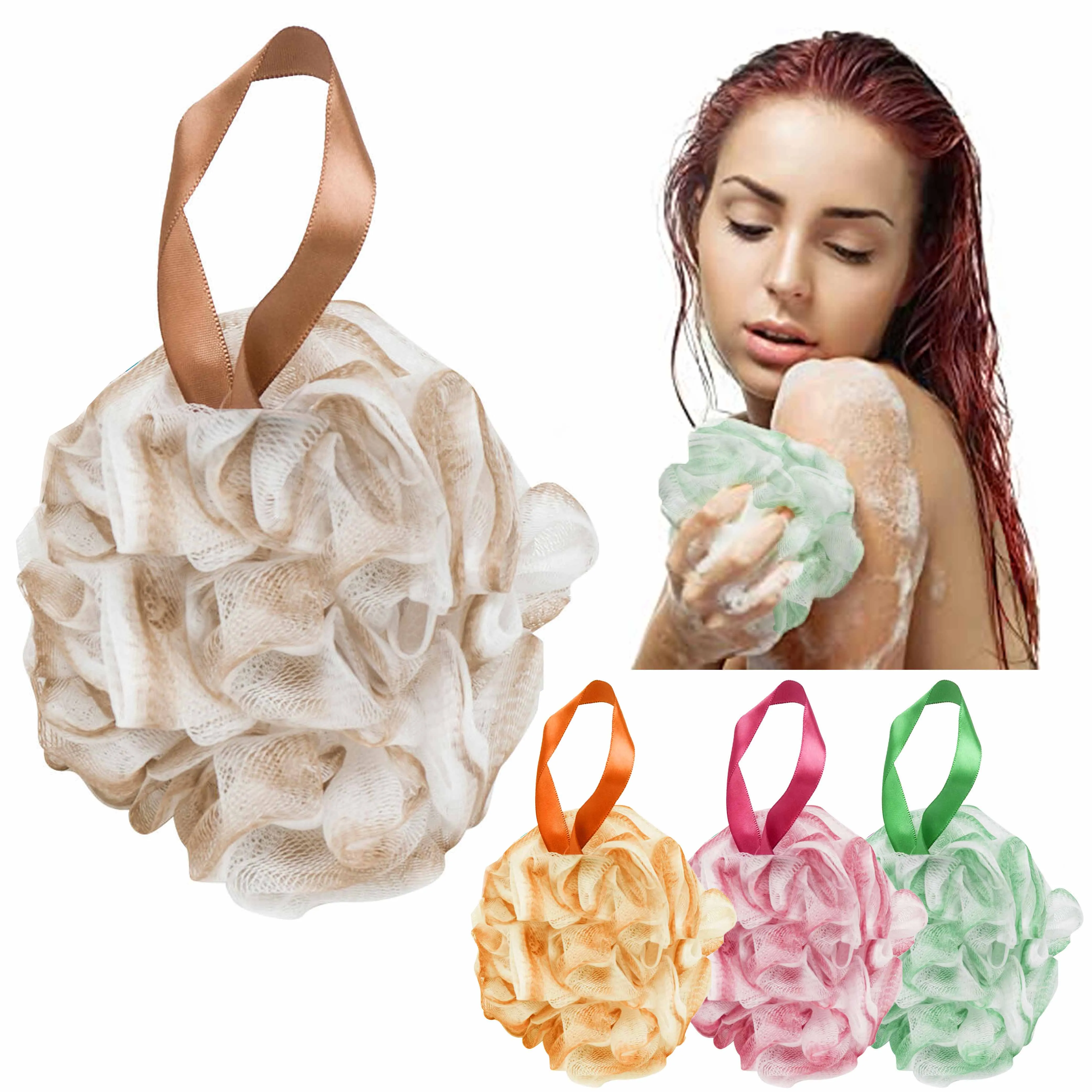 2 Pc Exfoliating Bath Sponges Scrubber Shower Puff Loofah Mesh Ball Body Brush