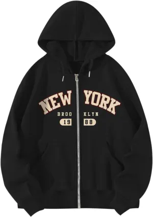 New York Graphic Zip Up Hoodies for Women Full Zip Hoodie Letter Jackets College Zipper Sweatshirts with Pockets