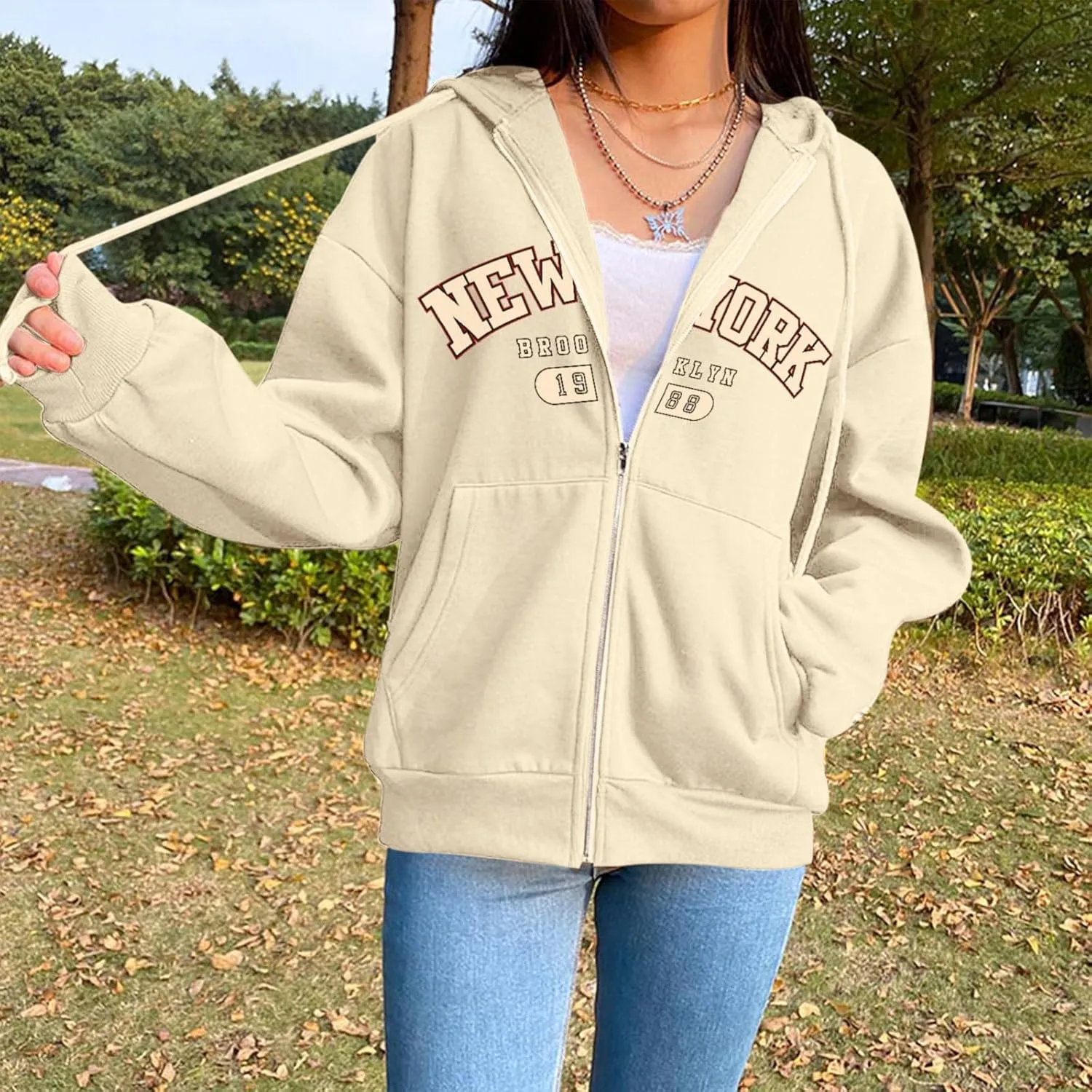 New York Graphic Zip Up Hoodies for Women Full Zip Hoodie Letter Jackets College Zipper Sweatshirts with Pockets