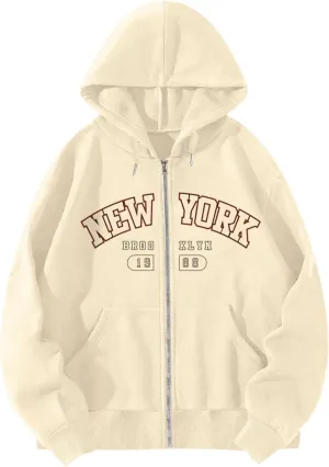 New York Graphic Zip Up Hoodies for Women Full Zip Hoodie Letter Jackets College Zipper Sweatshirts with Pockets