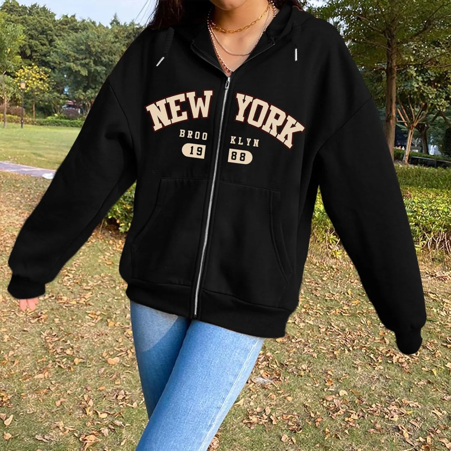 New York Graphic Zip Up Hoodies for Women Full Zip Hoodie Letter Jackets College Zipper Sweatshirts with Pockets