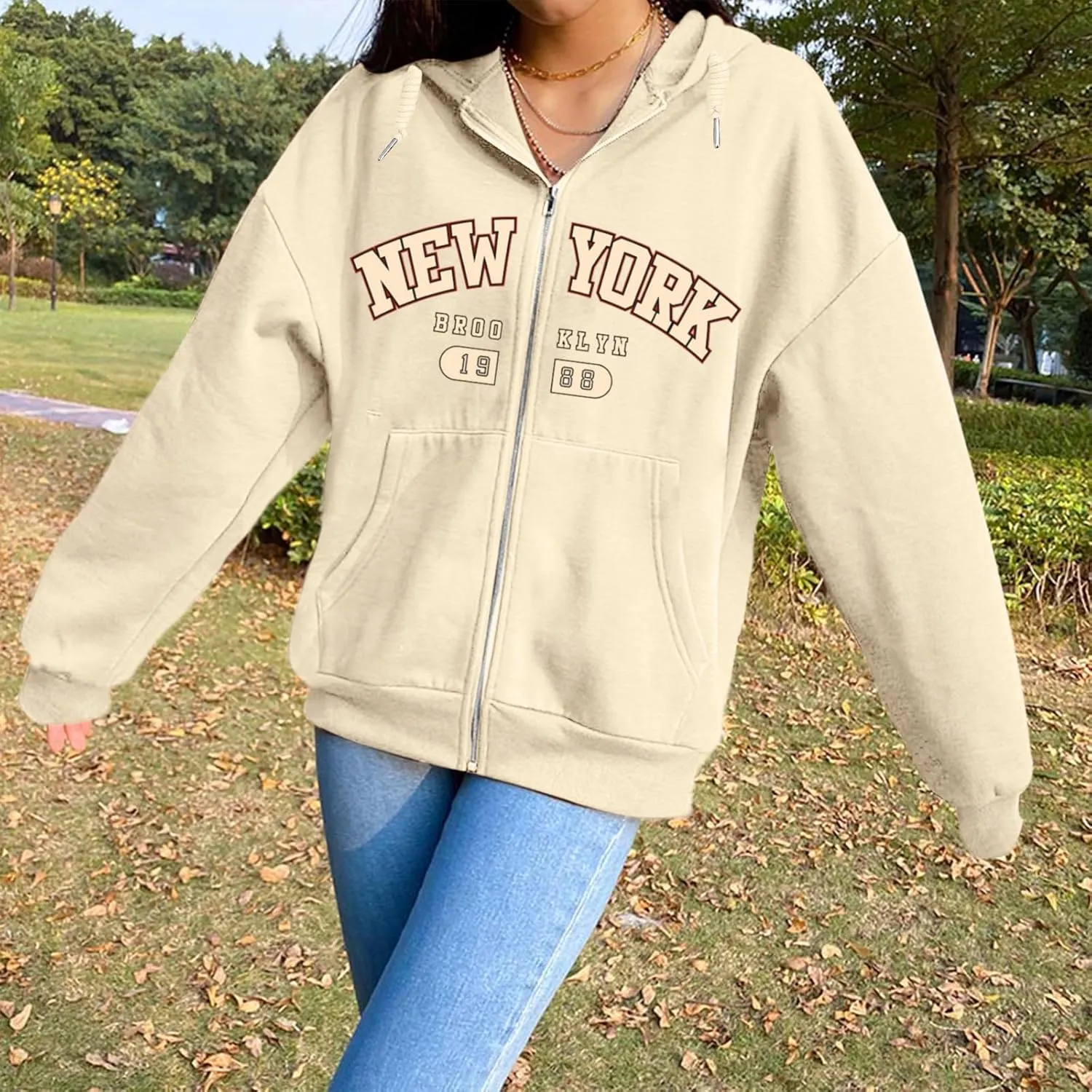 New York Graphic Zip Up Hoodies for Women Full Zip Hoodie Letter Jackets College Zipper Sweatshirts with Pockets