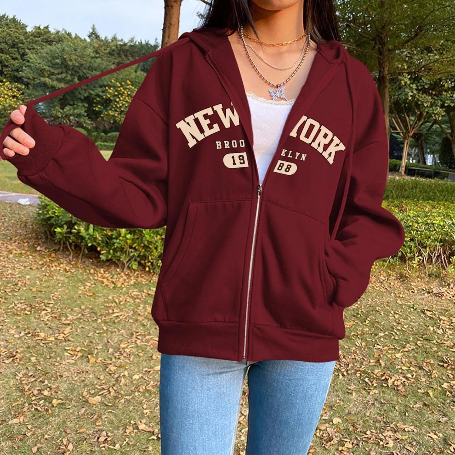 New York Graphic Zip Up Hoodies for Women Full Zip Hoodie Letter Jackets College Zipper Sweatshirts with Pockets