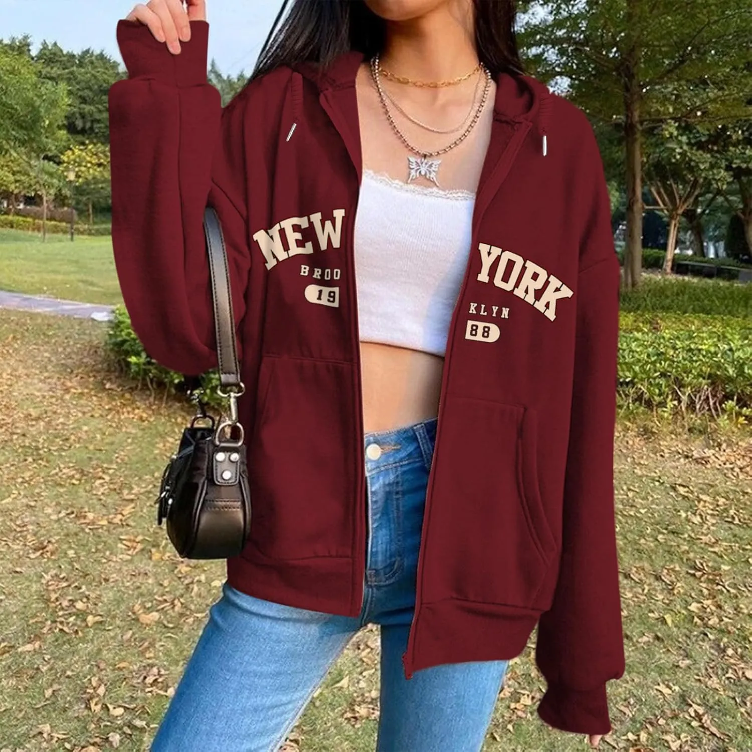 New York Graphic Zip Up Hoodies for Women Full Zip Hoodie Letter Jackets College Zipper Sweatshirts with Pockets