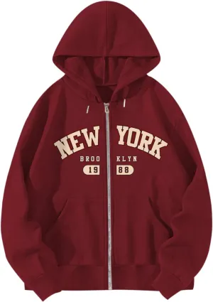 New York Graphic Zip Up Hoodies for Women Full Zip Hoodie Letter Jackets College Zipper Sweatshirts with Pockets