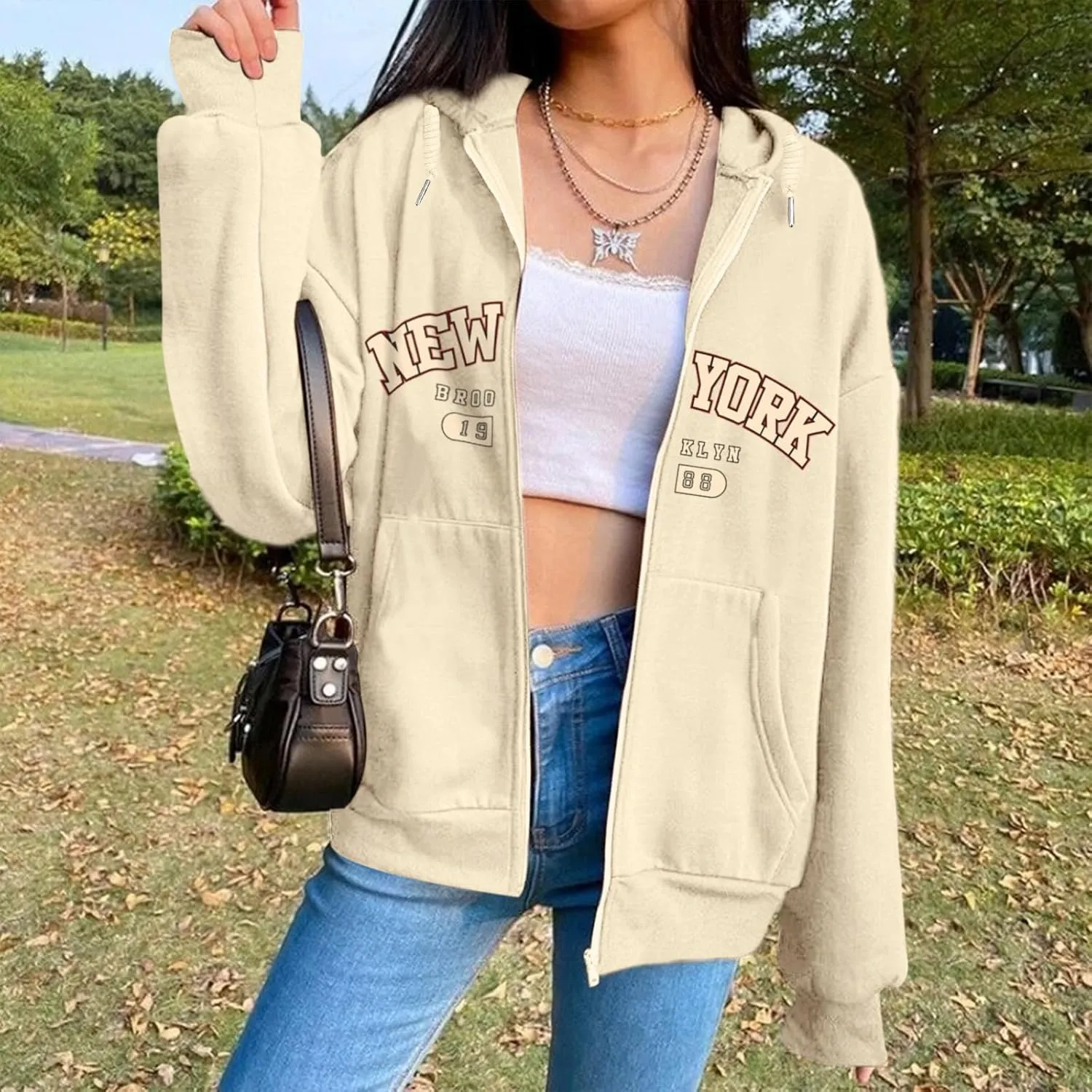 New York Graphic Zip Up Hoodies for Women Full Zip Hoodie Letter Jackets College Zipper Sweatshirts with Pockets
