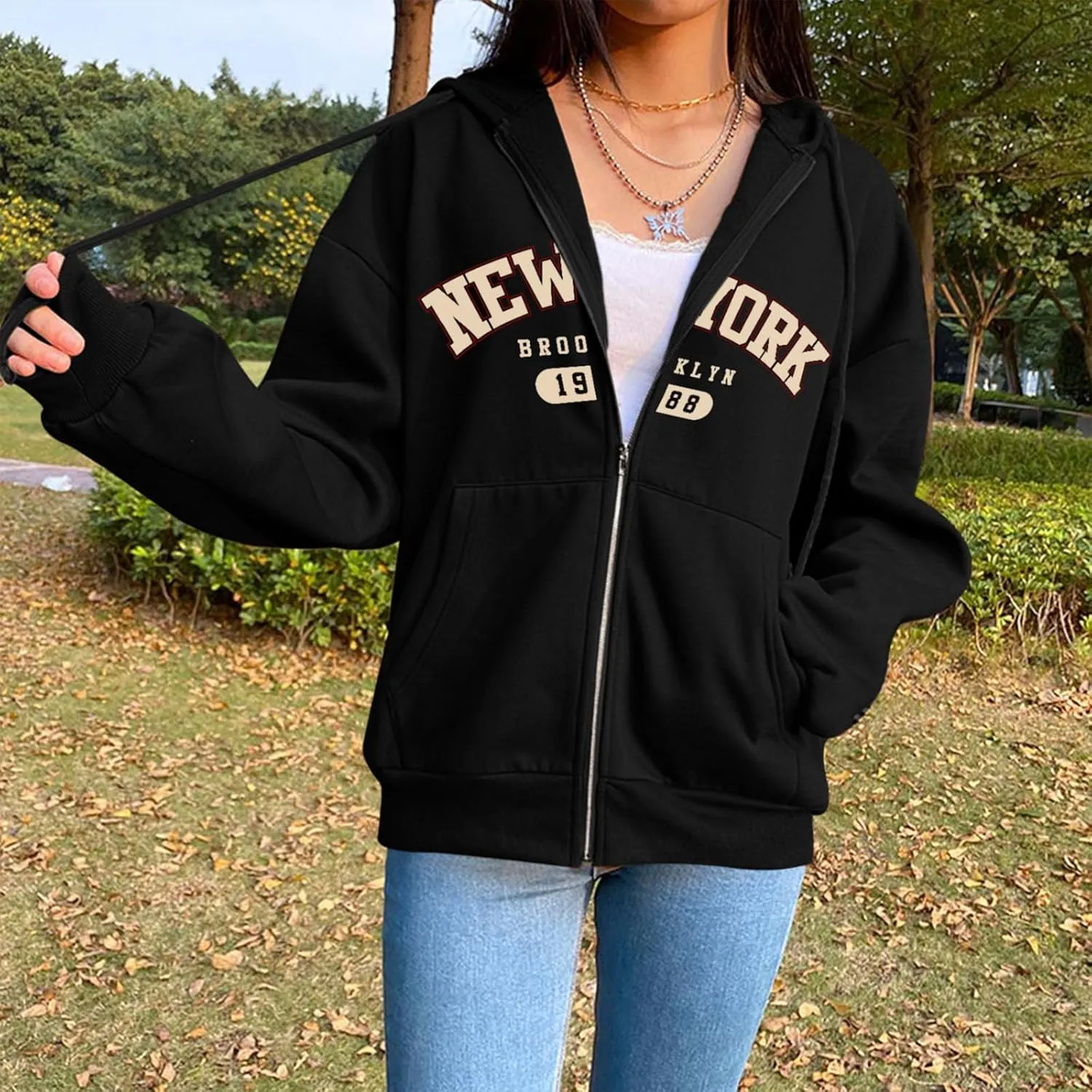 New York Graphic Zip Up Hoodies for Women Full Zip Hoodie Letter Jackets College Zipper Sweatshirts with Pockets