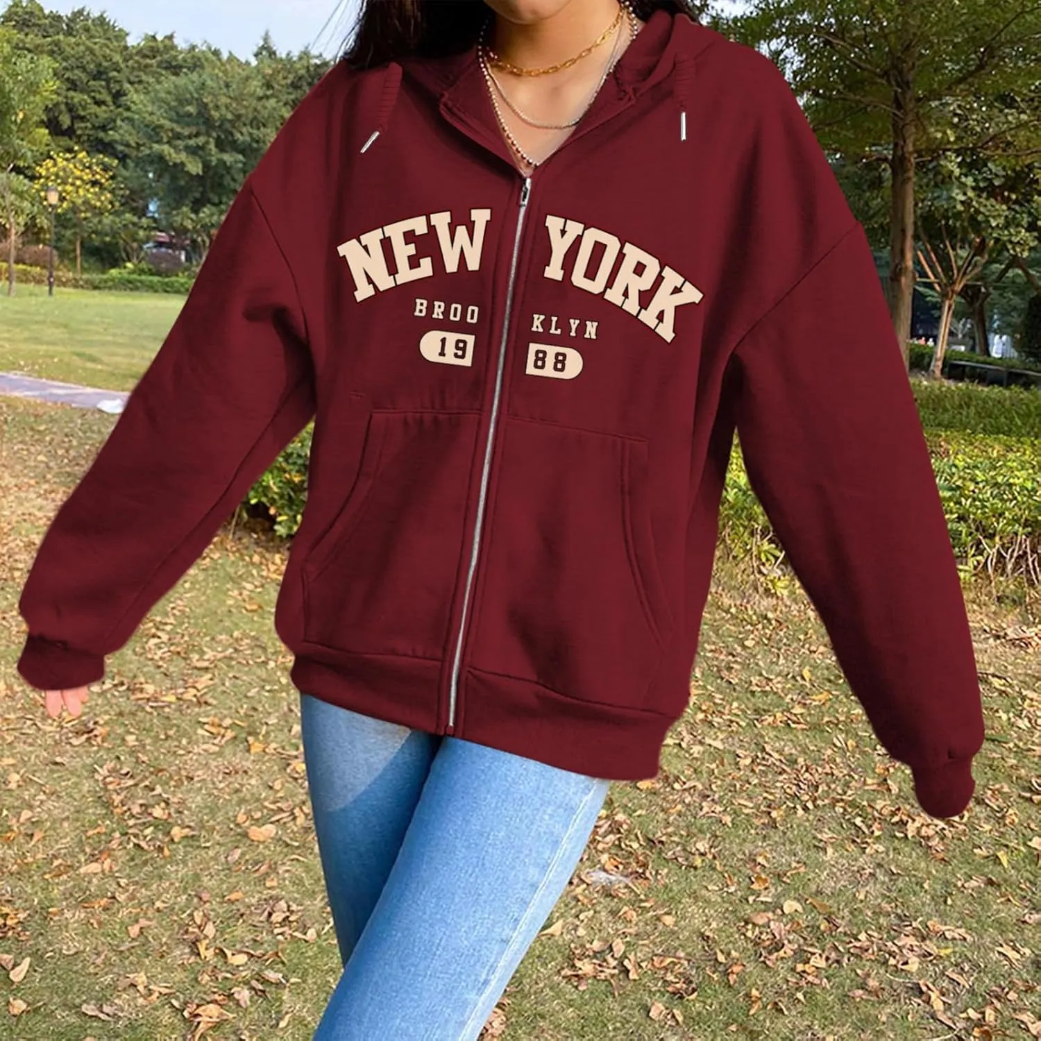 New York Graphic Zip Up Hoodies for Women Full Zip Hoodie Letter Jackets College Zipper Sweatshirts with Pockets