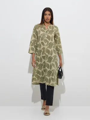 Utsa Green Leaf Design Straight Cotton Kurta