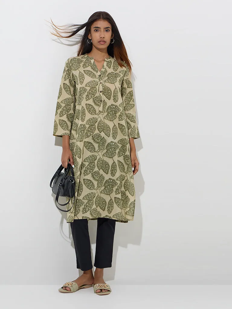 Utsa Green Leaf Design Straight Cotton Kurta