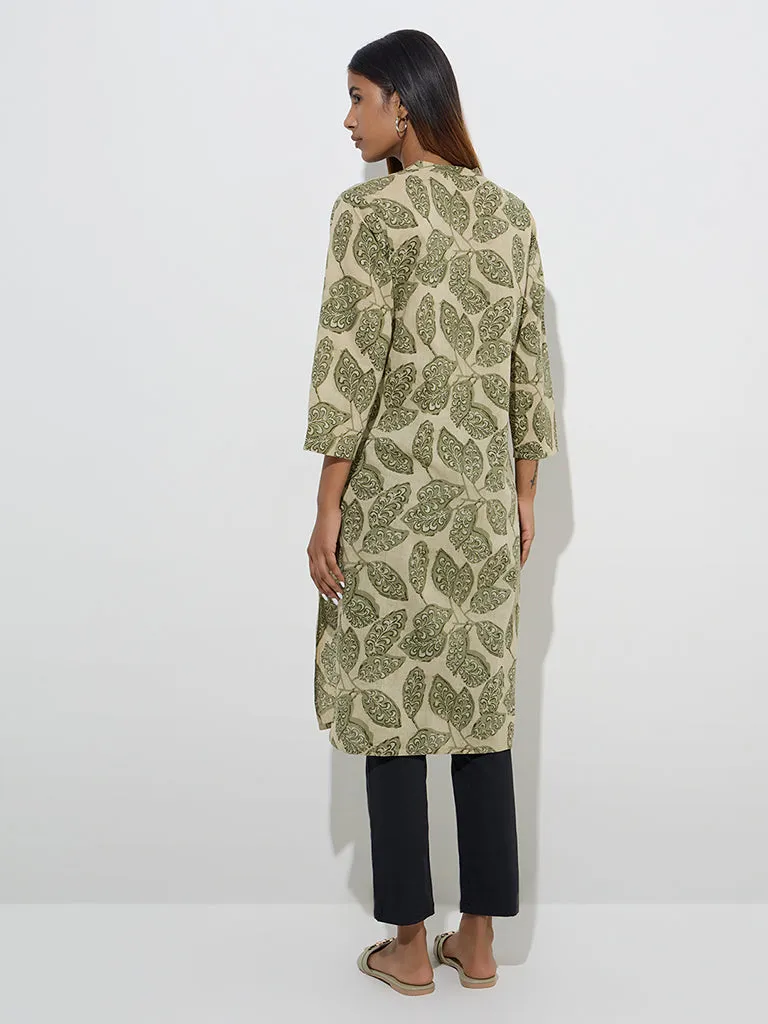 Utsa Green Leaf Design Straight Cotton Kurta