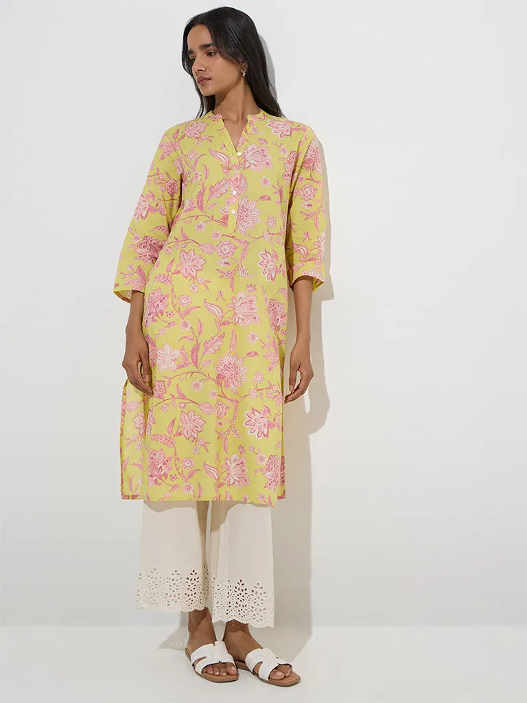 Utsa Yellow Floral Design Straight Cotton Kurta