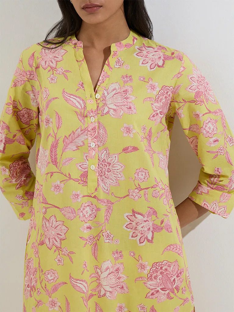 Utsa Yellow Floral Design Straight Cotton Kurta