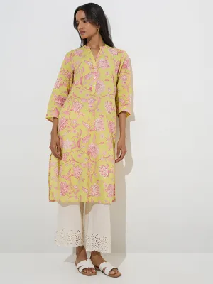 Utsa Yellow Floral Design Straight Cotton Kurta
