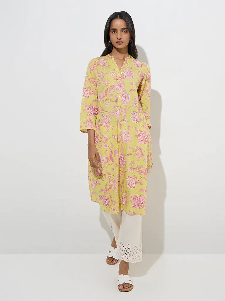Utsa Yellow Floral Design Straight Cotton Kurta