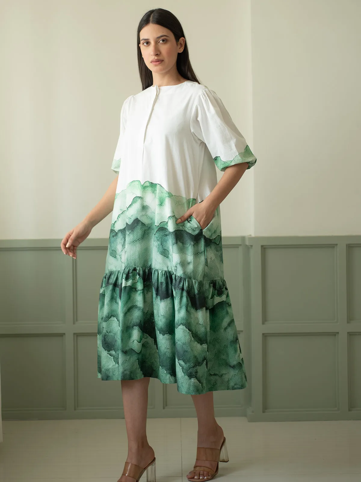 White and Green Bottom Flare Dress